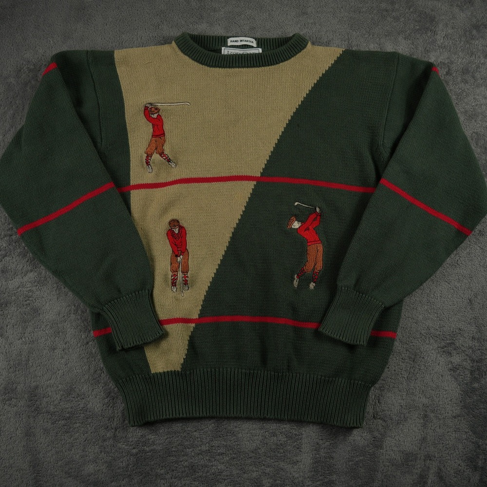 Vintage Izod‎ Club Sweater Mens M Green Golf Hand Intarsia Cotton Crew Neck